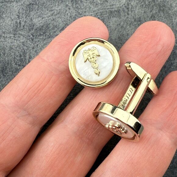 Vintage Foster Caduceus Cufflinks Set Mother of Pearl Gold Tone Medical with Box - Picture 5 of 11